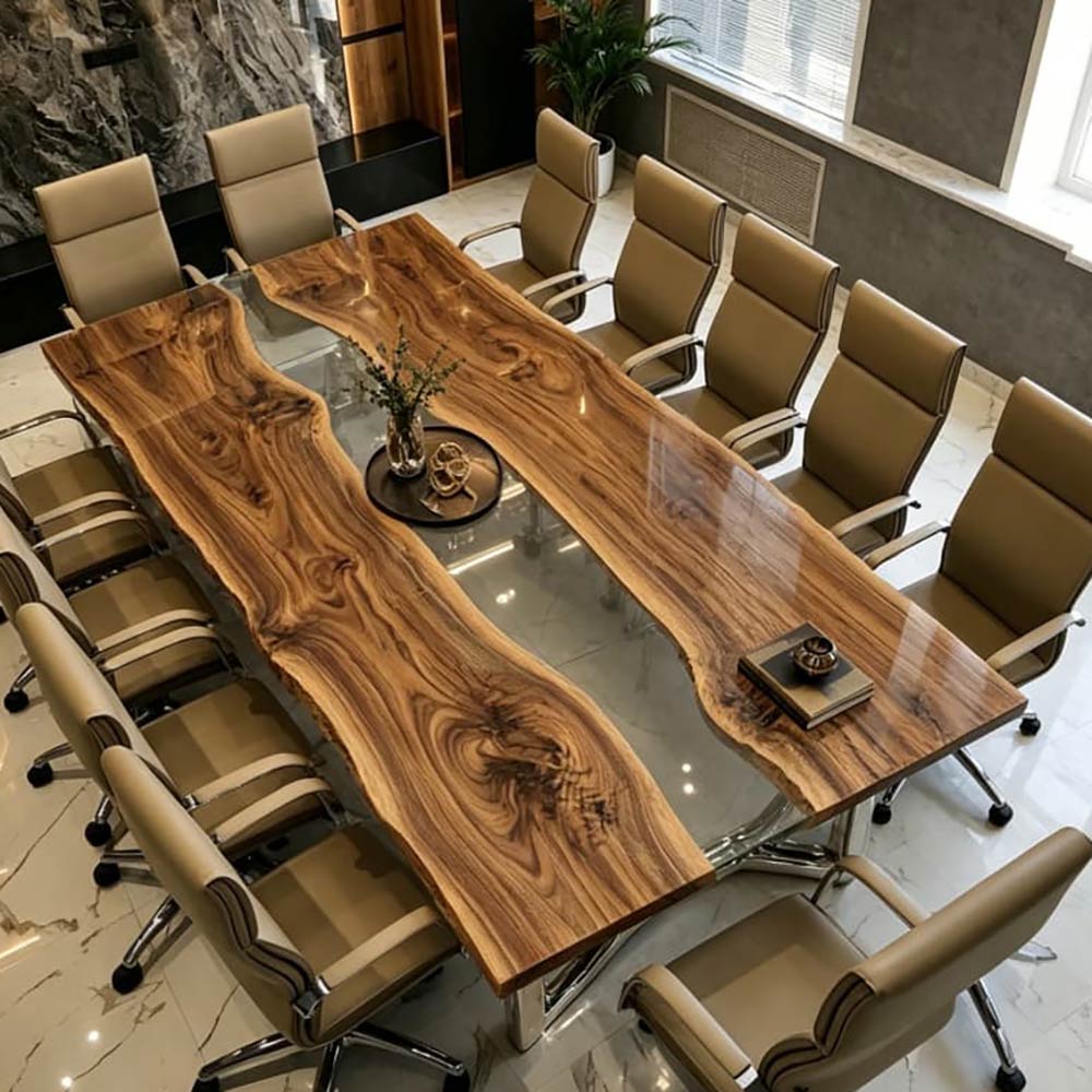 Long-form walnut resin meeting table surrounded by twelve premium beige leather rolling office chairs on a marble floor