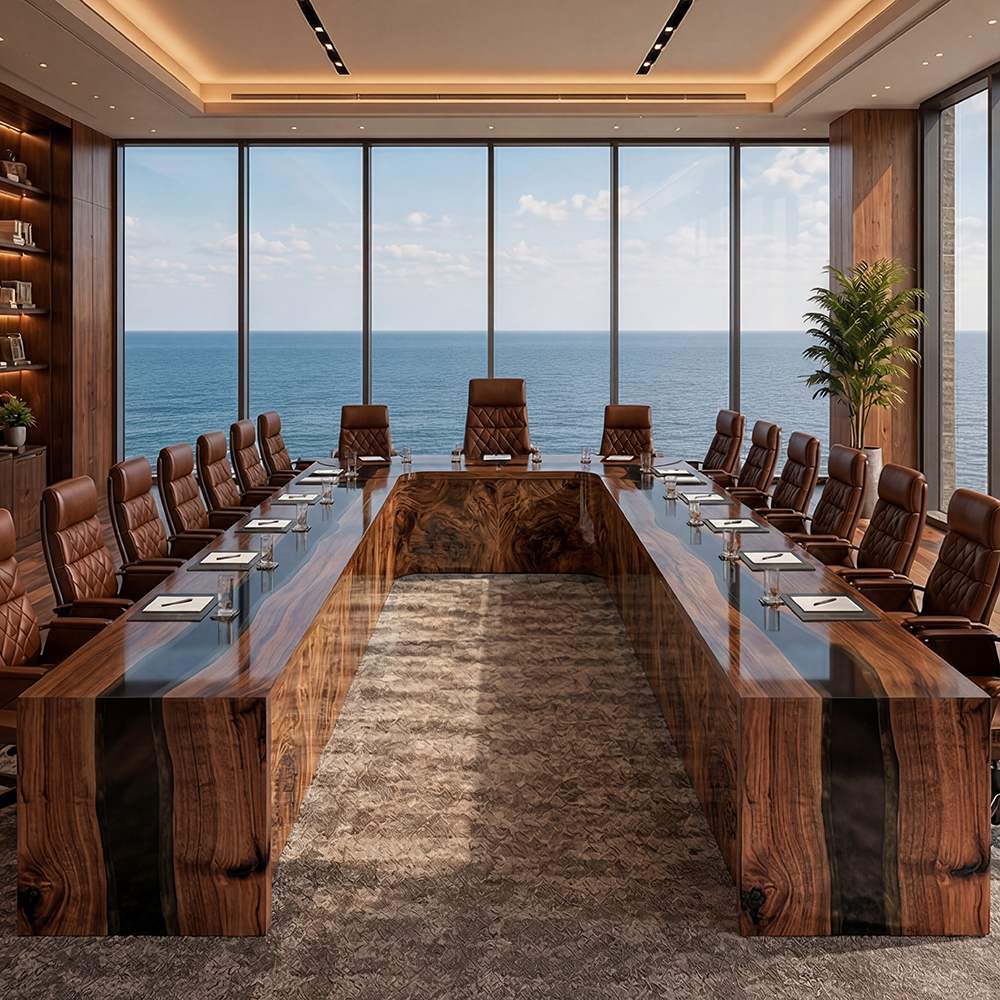 U-shaped executive conference table crafted from black walnut and dark epoxy resin