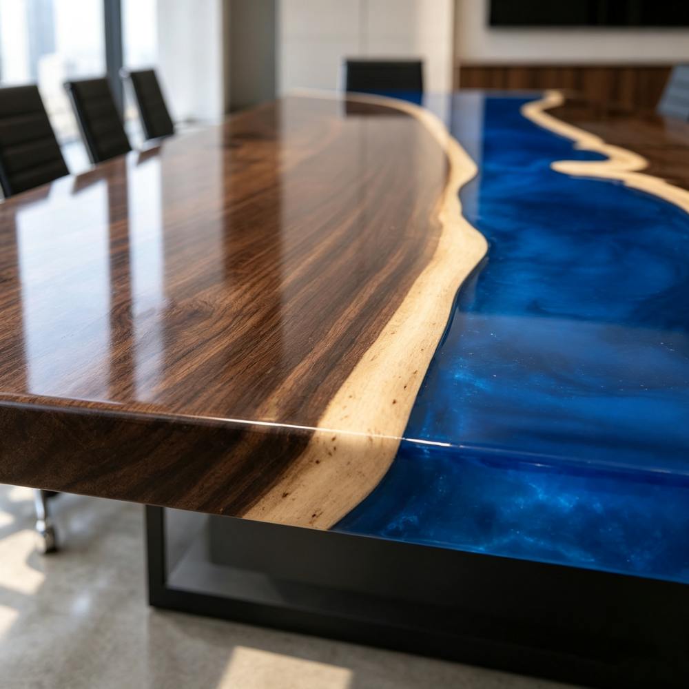 Executive conference table in Black Walnut with ocean blue epoxy resin, designed for high-end boardrooms and modern office interiors.