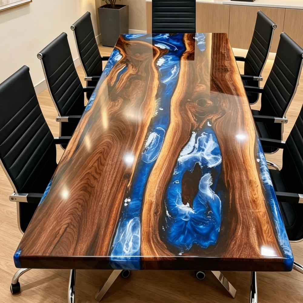 Executive conference table featuring Black Walnut and layered blue and white epoxy resin