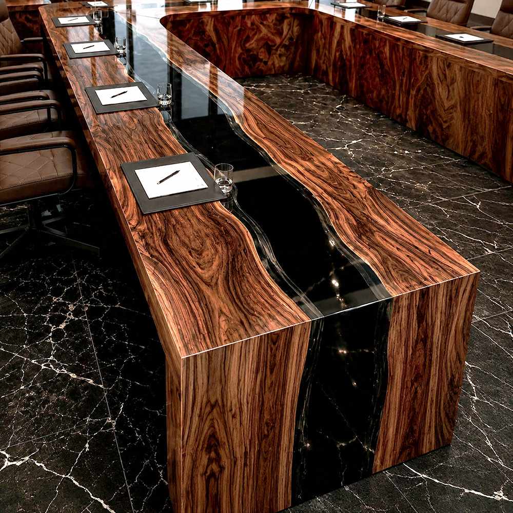 Custom black walnut boardroom furniture created for headquarters conference and leadership spaces