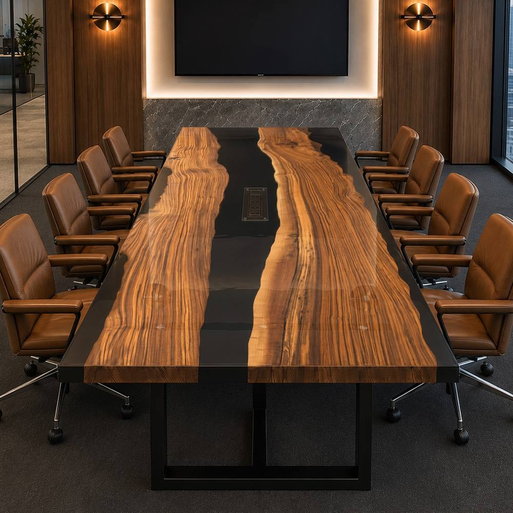 Professional executive meeting desk with a sophisticated obsidian resin inlay design
