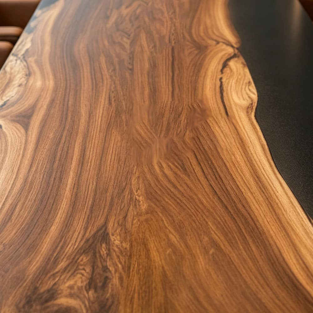 Long rectangular black walnut resin conference table designed for multi-person meetings and presentations