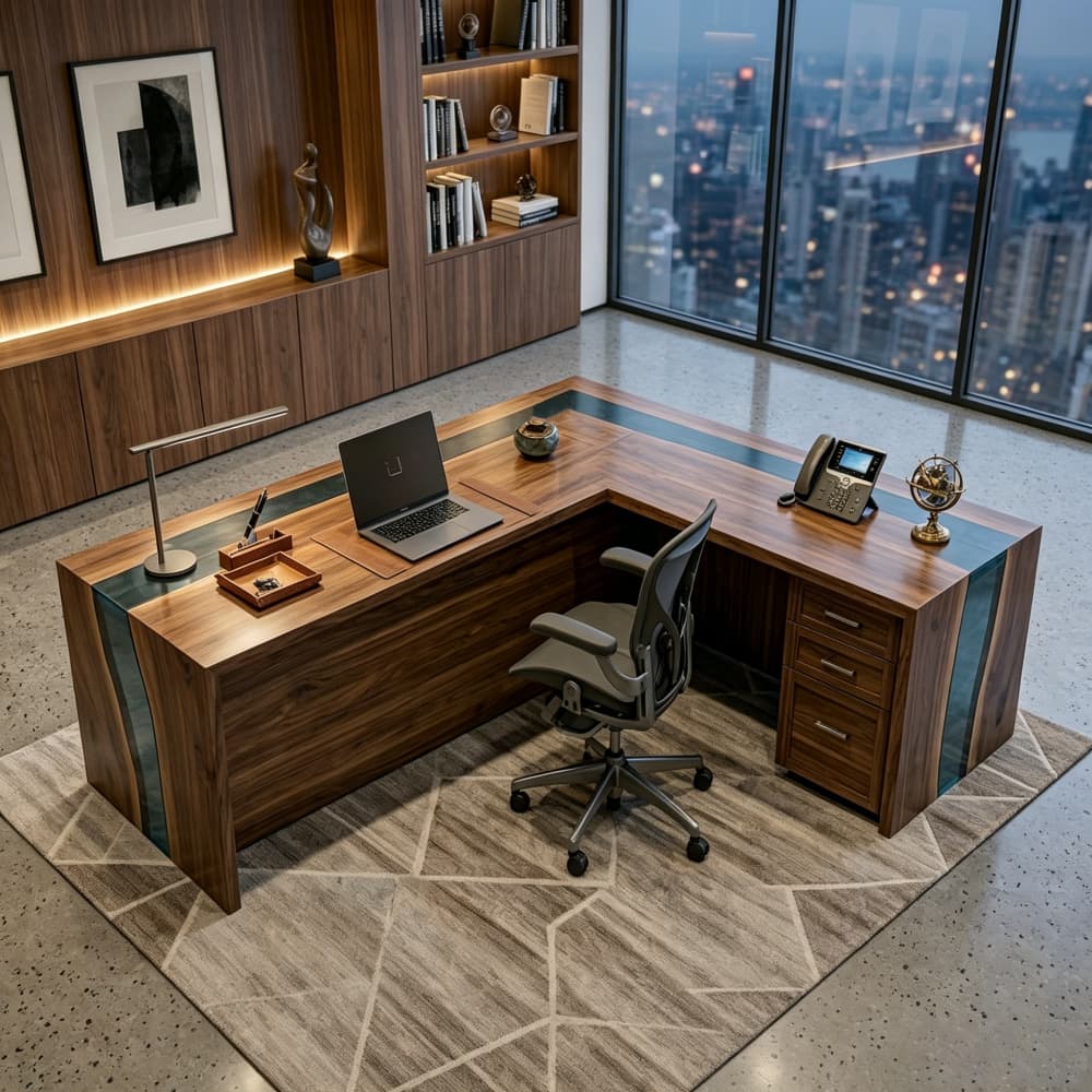Luxury L-shaped walnut executive desk featuring transparent blue resin accents