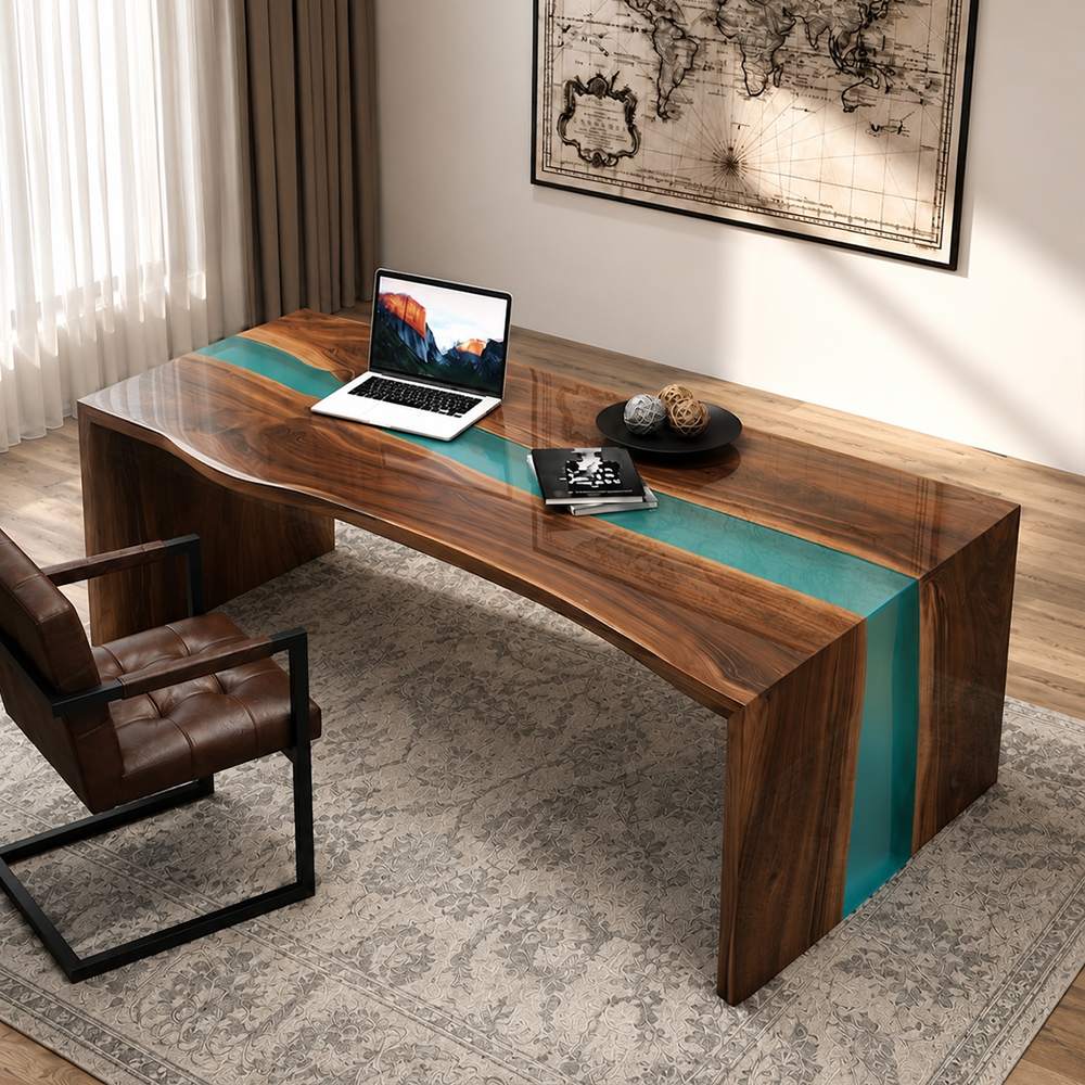 A luxury executive office setting featuring a green resin black walnut desk with double waterfall edges on a vintage patterned rug