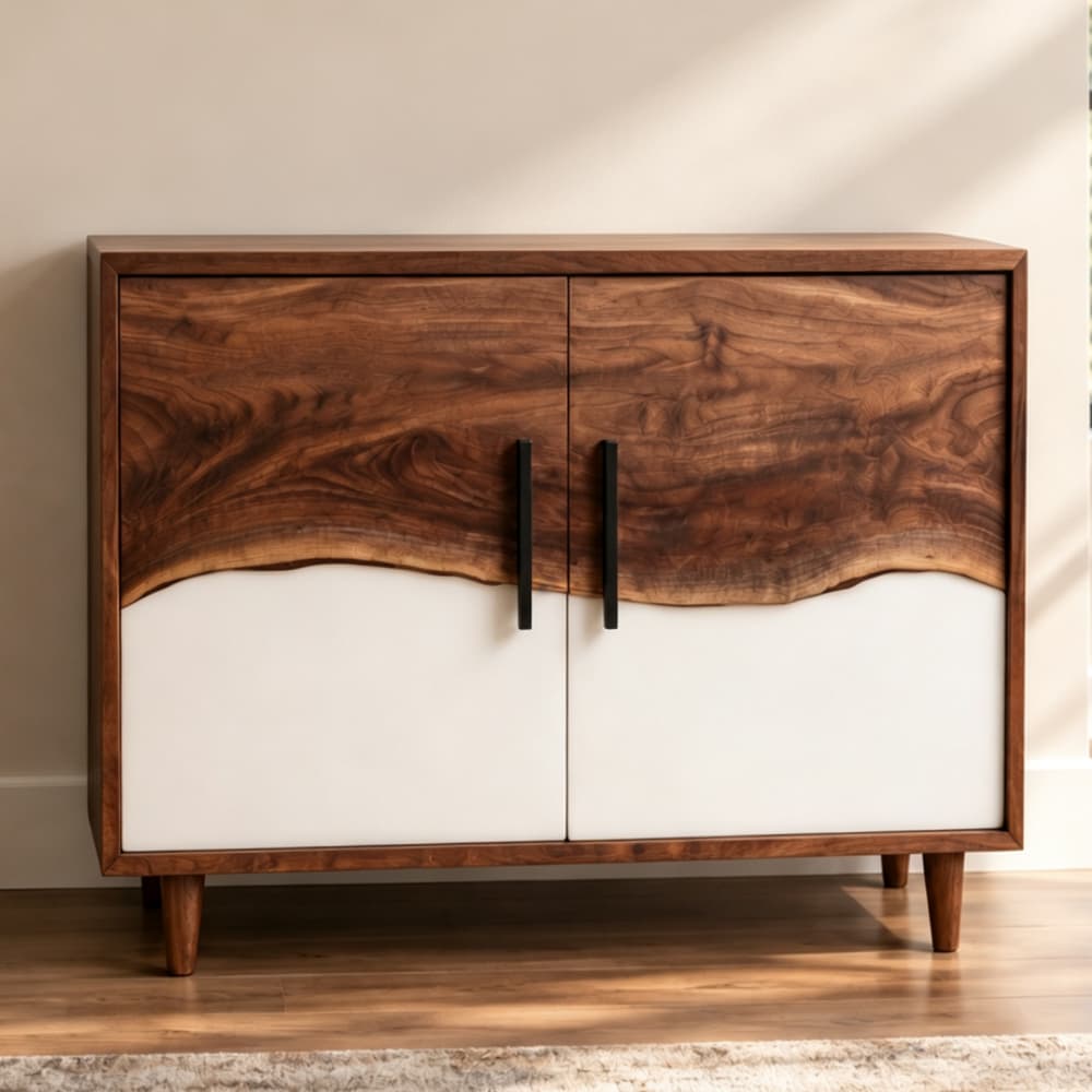 Conference room storage cabinet designed to coordinate with a custom epoxy resin conference table