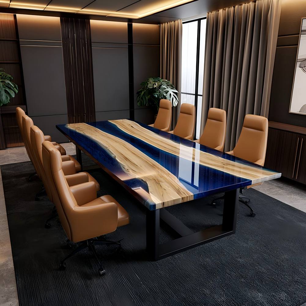 Executive meeting table featuring natural poplar grain paired with bold blue resin for professional interiors