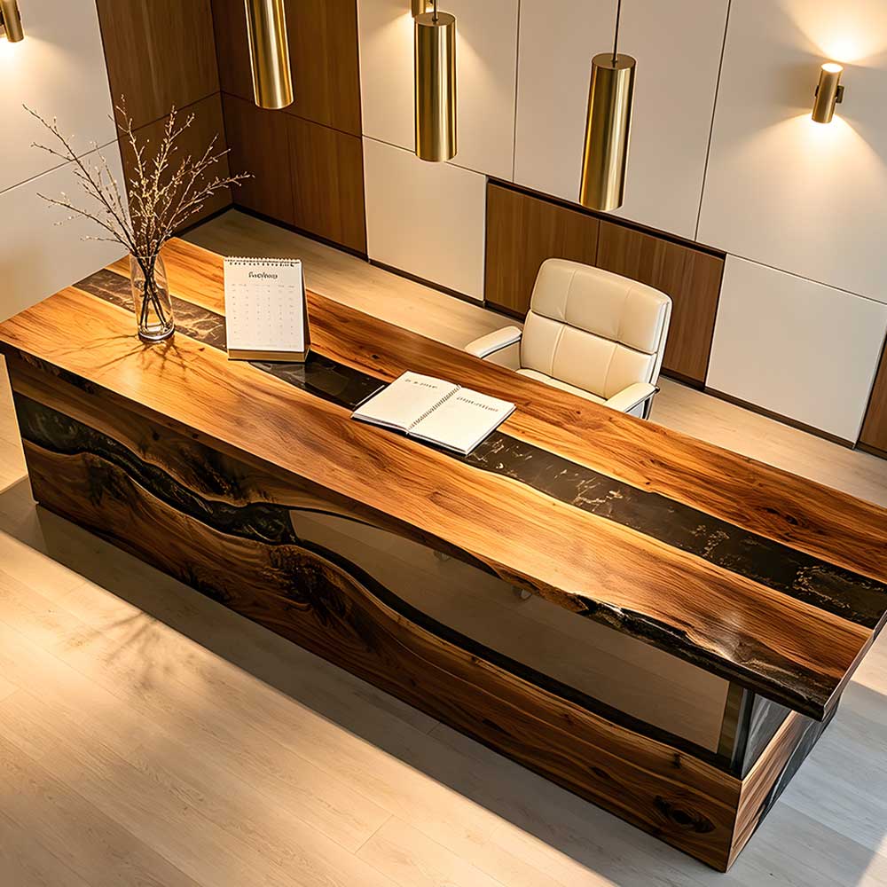 Executive black walnut reception counter with custom resin river design