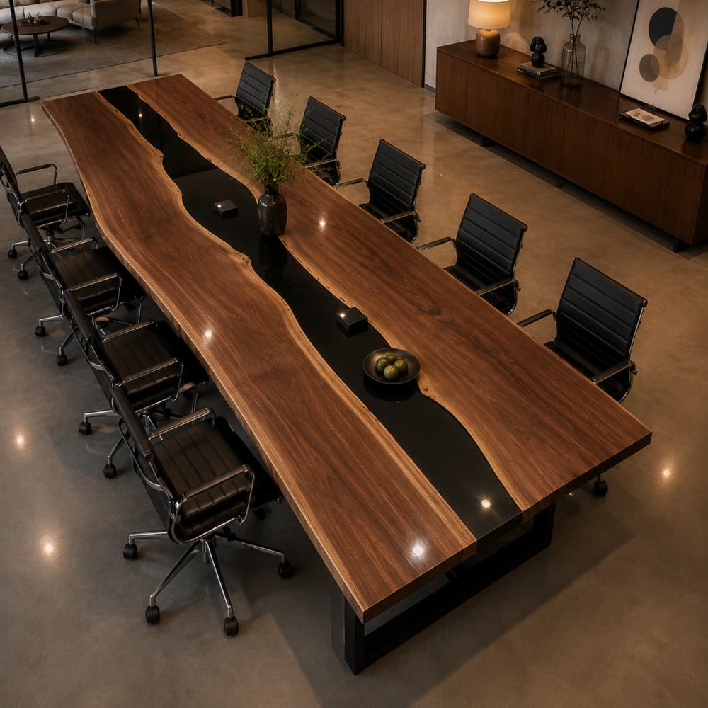 Executive conference table featuring natural walnut grain and black resin river