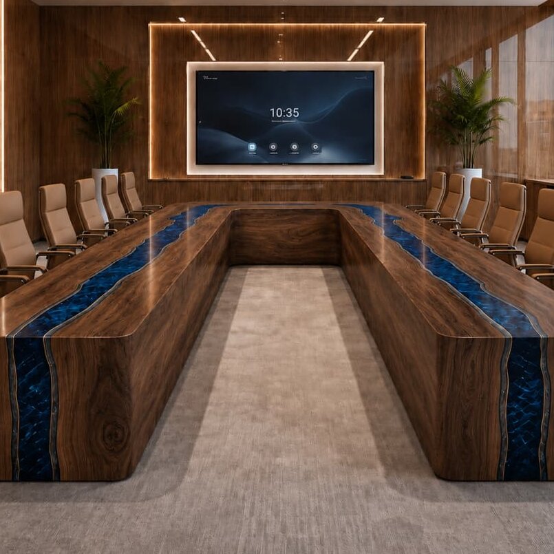 Executive U-shaped conference table crafted from black walnut and blue resin
