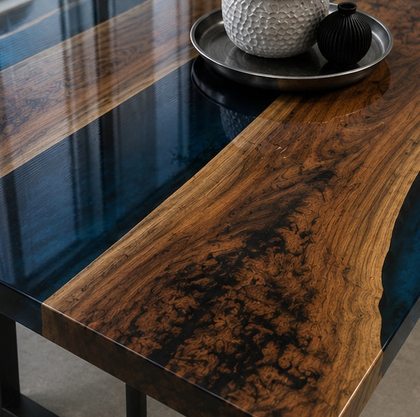 Executive waiting area table handcrafted from walnut slabs and navy resin