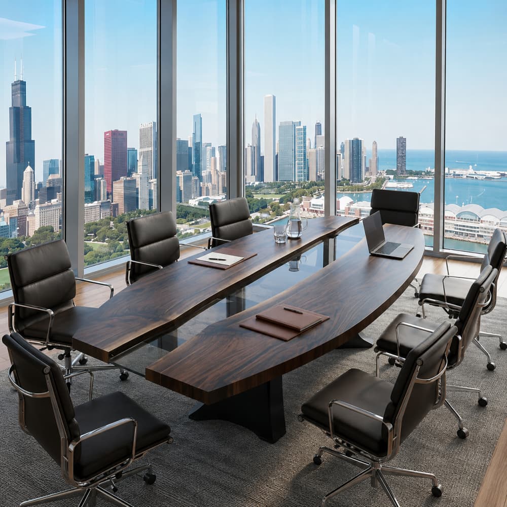 Executive conference table with sculpted boat-shaped profile and smoked resin center