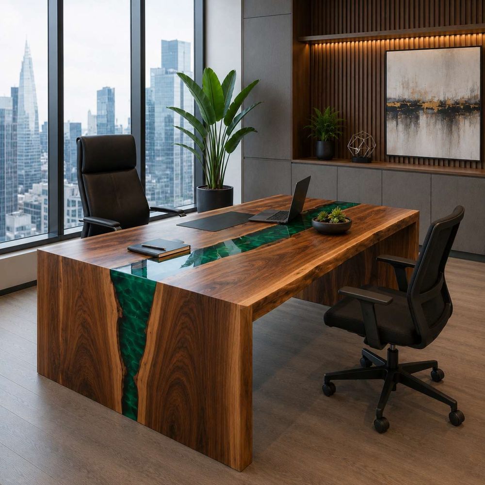 Professional walnut executive desk with a striking emerald swirl resin waterfall edge