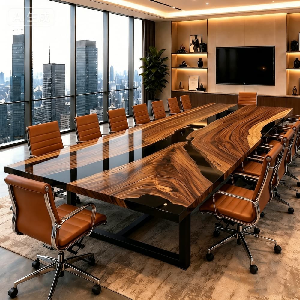 Executive-grade walnut meeting table featuring a dramatic black obsidian resin inlay