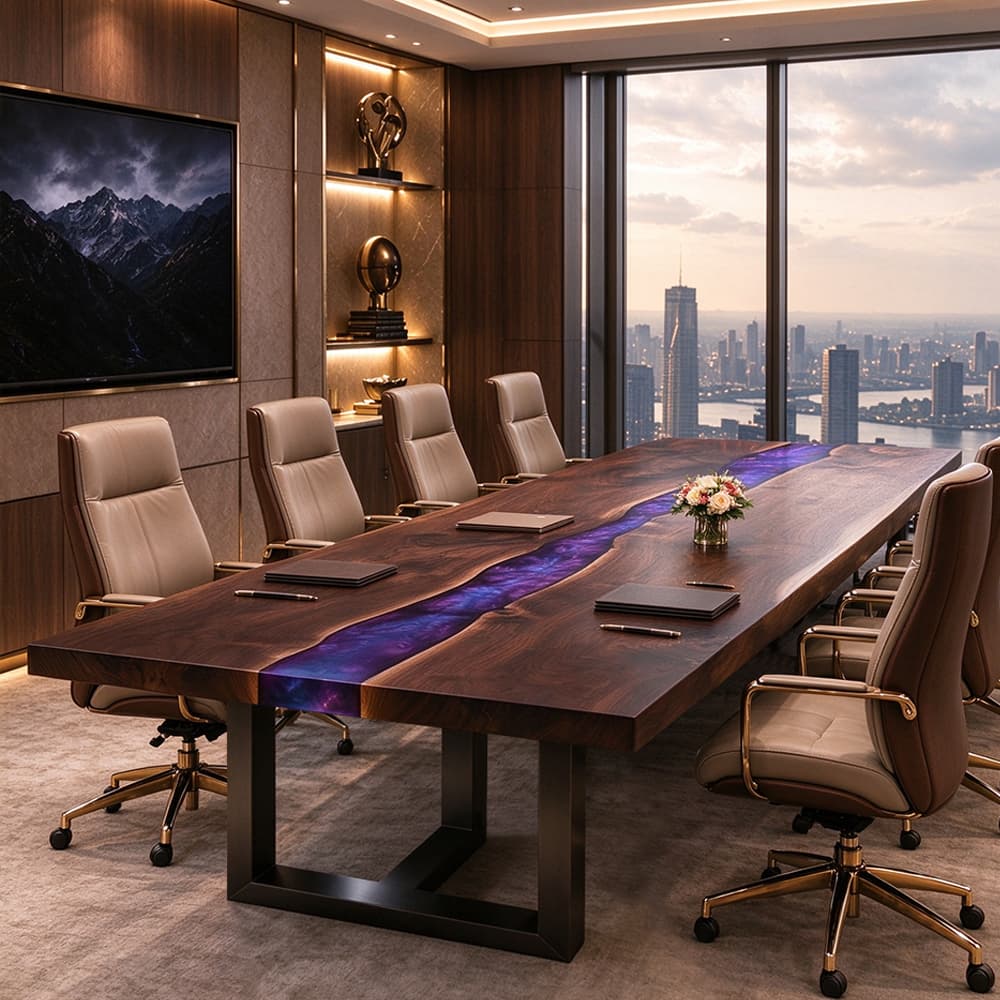 Executive walnut meeting table featuring a luminous violet epoxy river center