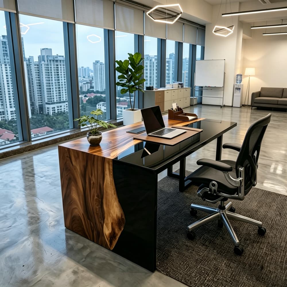 Luxury executive walnut desk with single-sided waterfall black resin edge