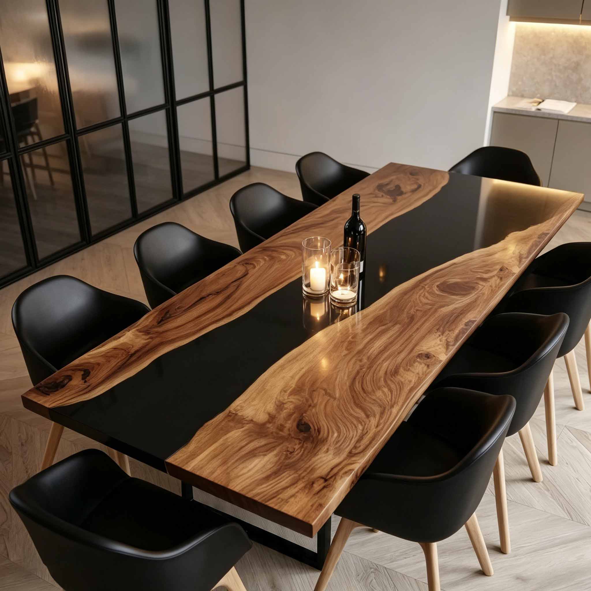 Full minimalist dining room shot of large live edge wood dinner table with mirror glossy black epoxy river, surrounded by curved cream fabric upholstered dining chairs.
