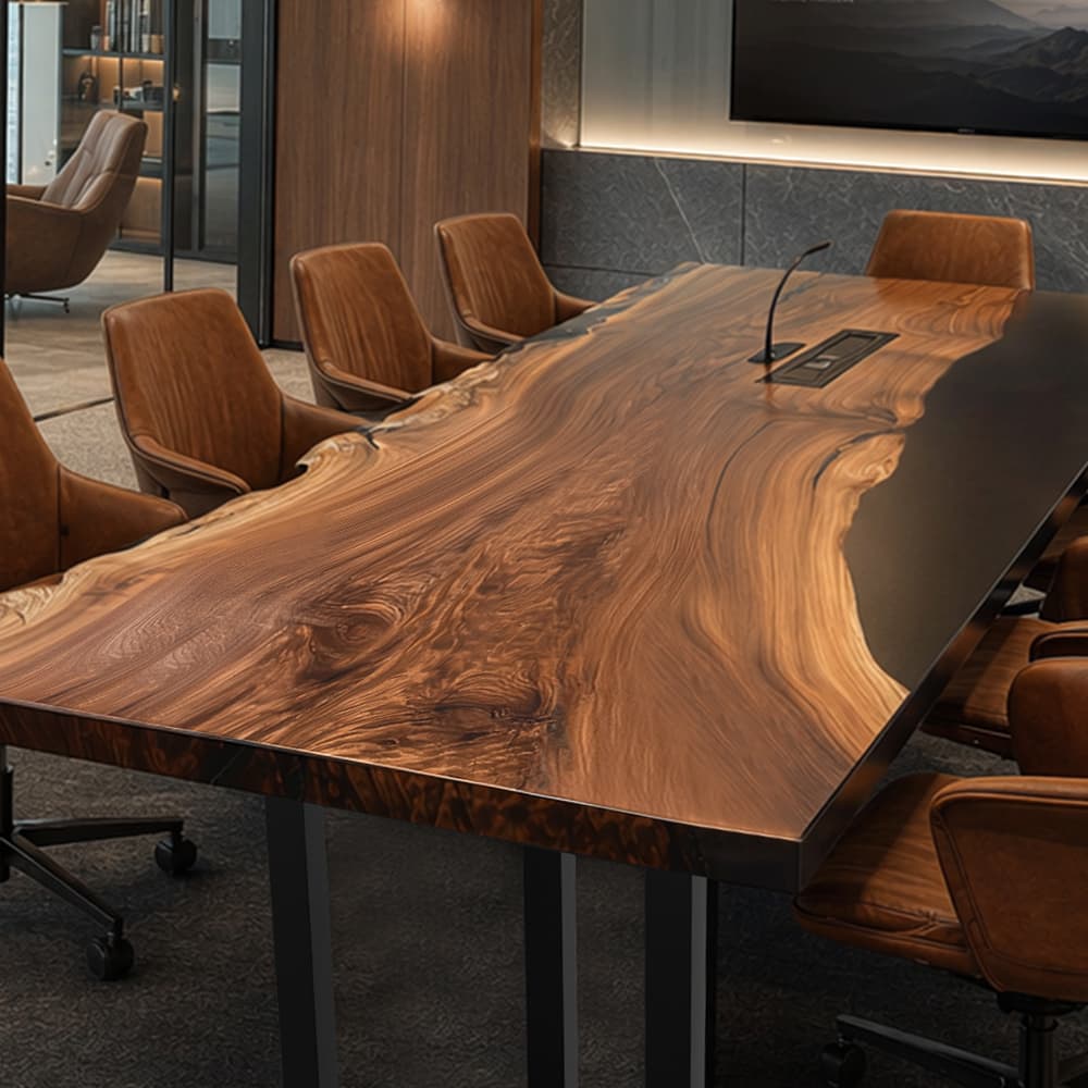 Large solid black walnut conference table with deep black epoxy resin for an executive boardroom