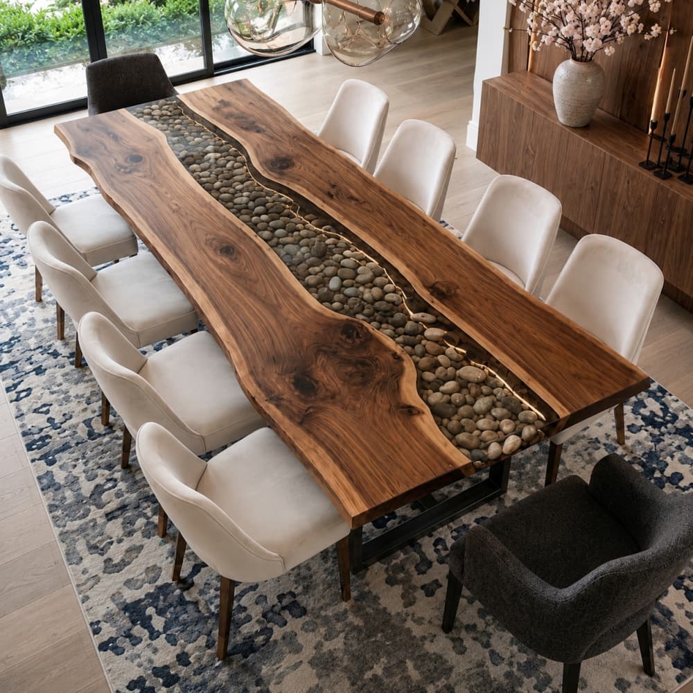 Close-up of smooth natural riverbed stones encapsulated in clear glossy epoxy resin between live edge wood slabs