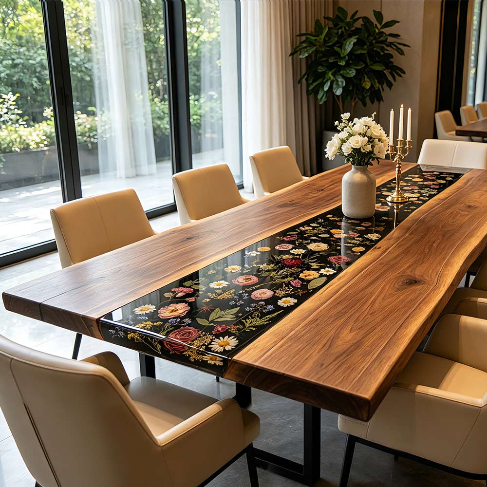 Custom walnut dining table with pressed flowers suspended in black resin.