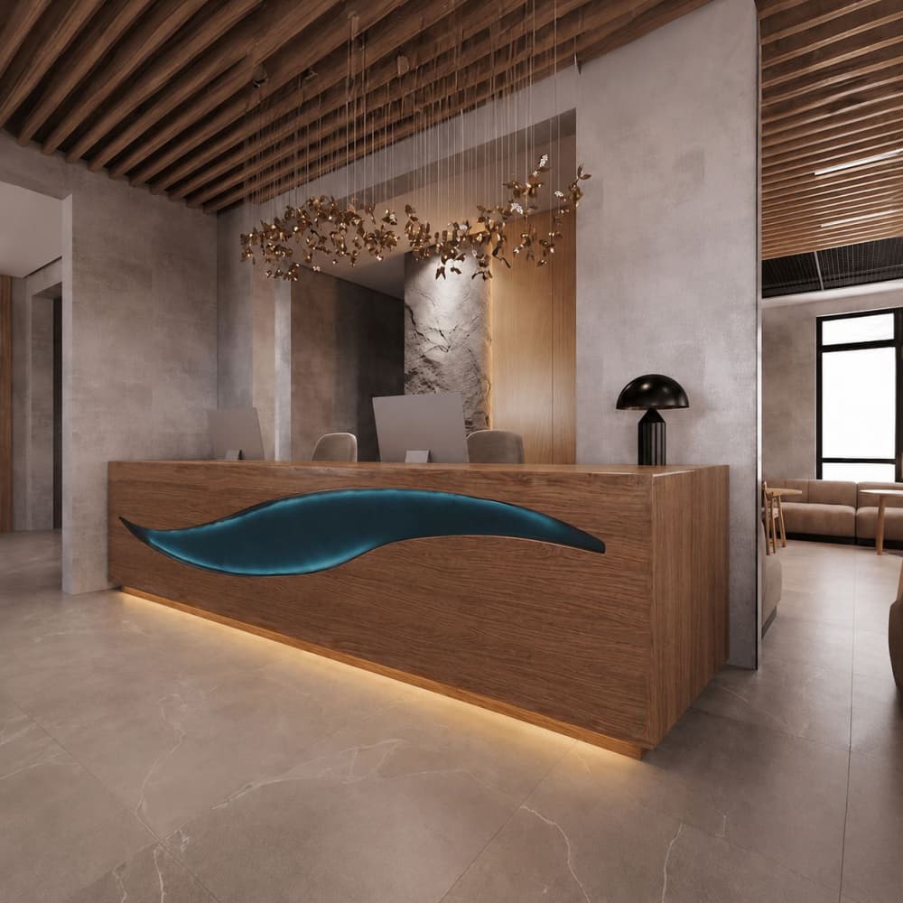 The anti-fingerprint and smooth satin finish coat protecting the rich brown walnut wood fibers and the integrated translucent resin wave
