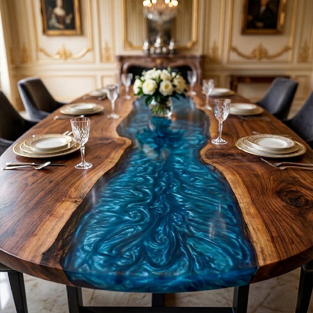 Side angle structural detail of heavy-duty angular matte black metal leg frame beneath oversized yacht-shaped oval walnut swirl teal epoxy dining table.
