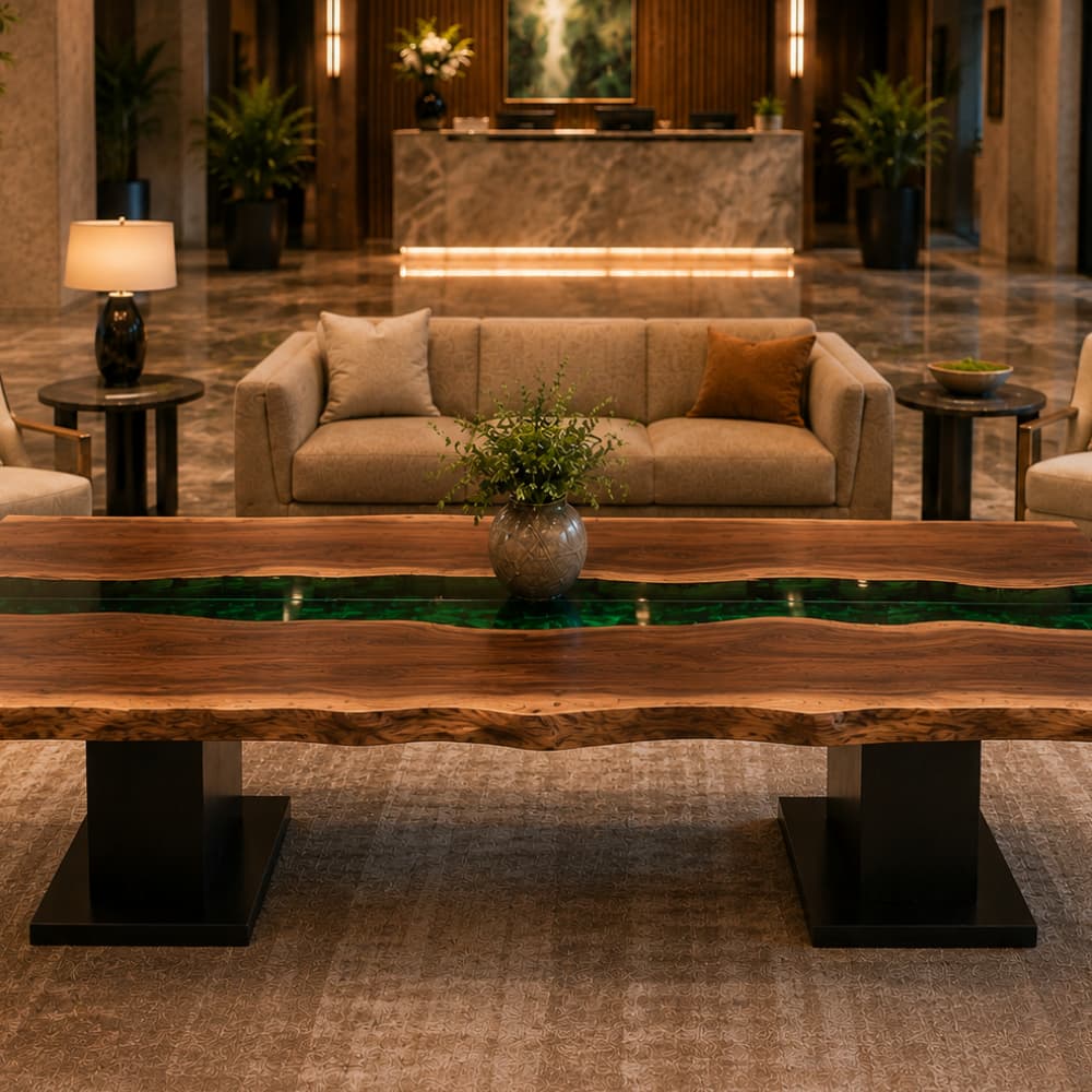 Bold foyer statement furniture showcasing an artistic azure green resin river design
