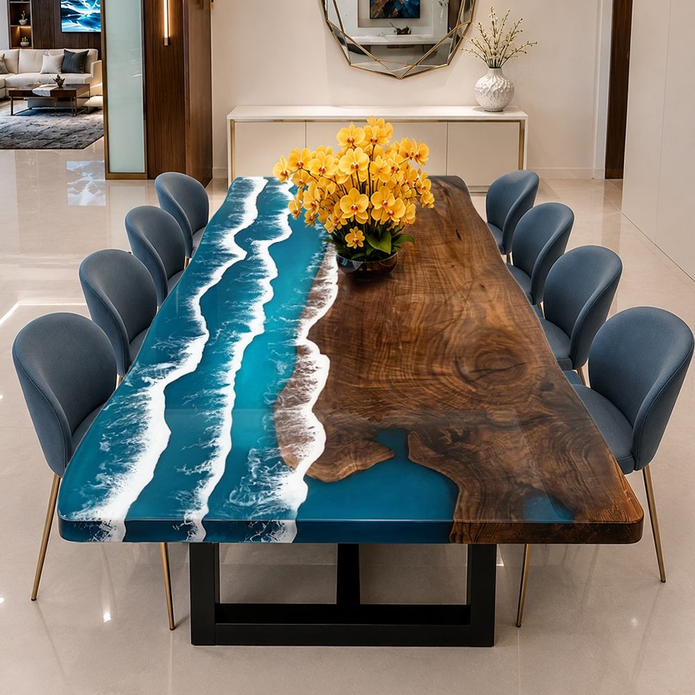 Bold foyer statement furniture showcasing an artistic ocean wave design