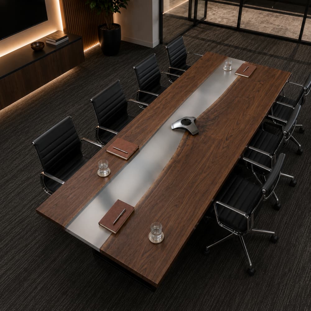 Frosted gray epoxy black walnut meeting table for executive office spaces
