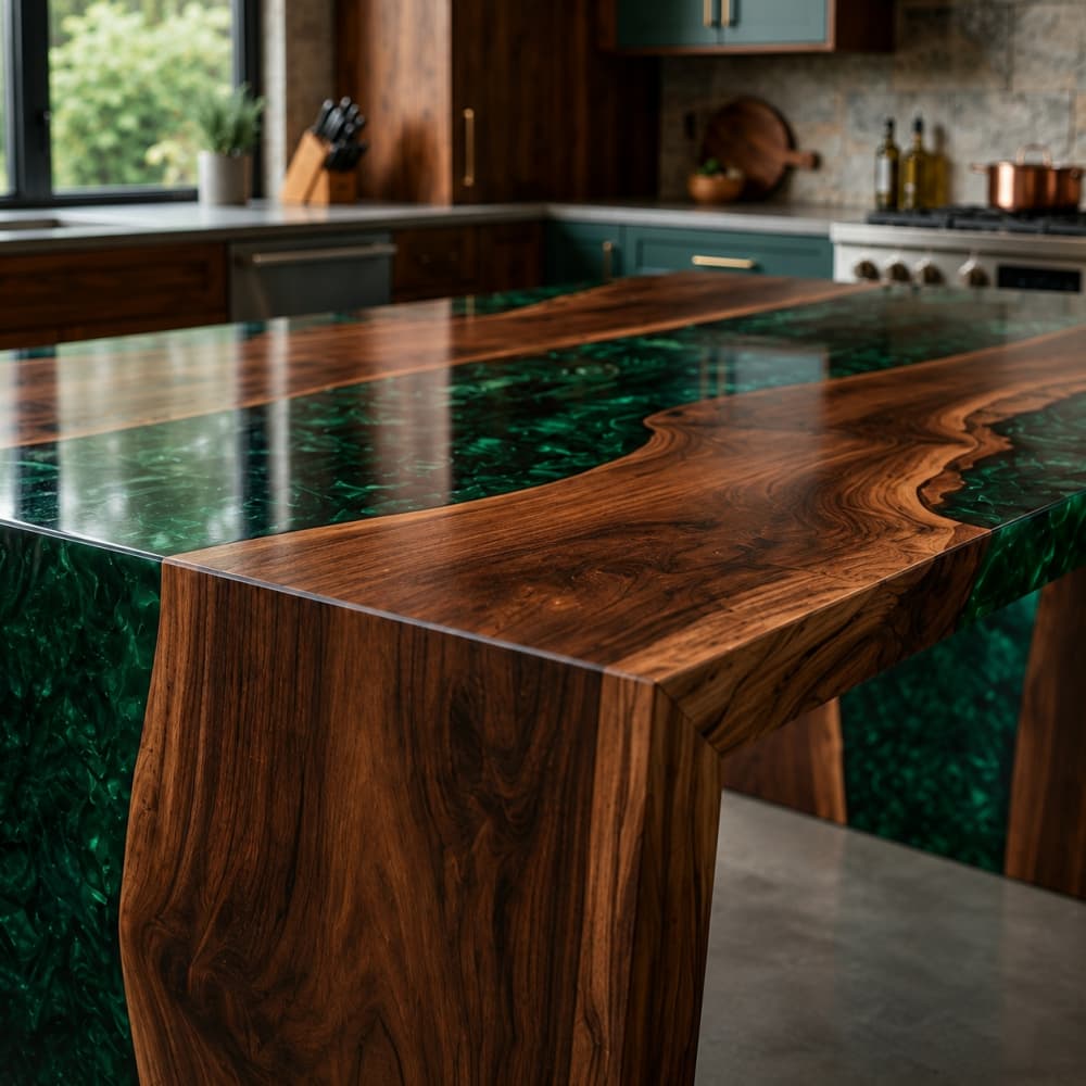 Functional art: a walnut and green resin waterfall island for luxury kitchens