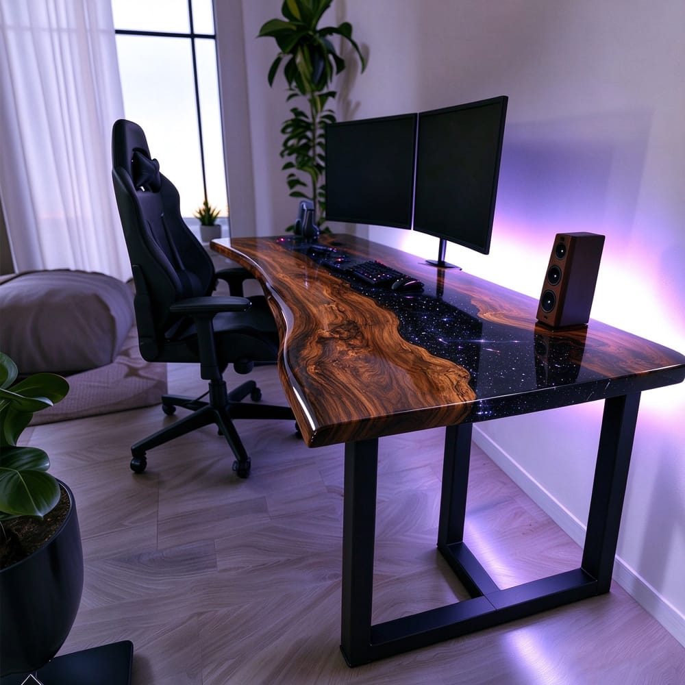 Custom black walnut gaming desk with galaxy black epoxy resin river, glossy finish, and mixed straight edge and live edge design.