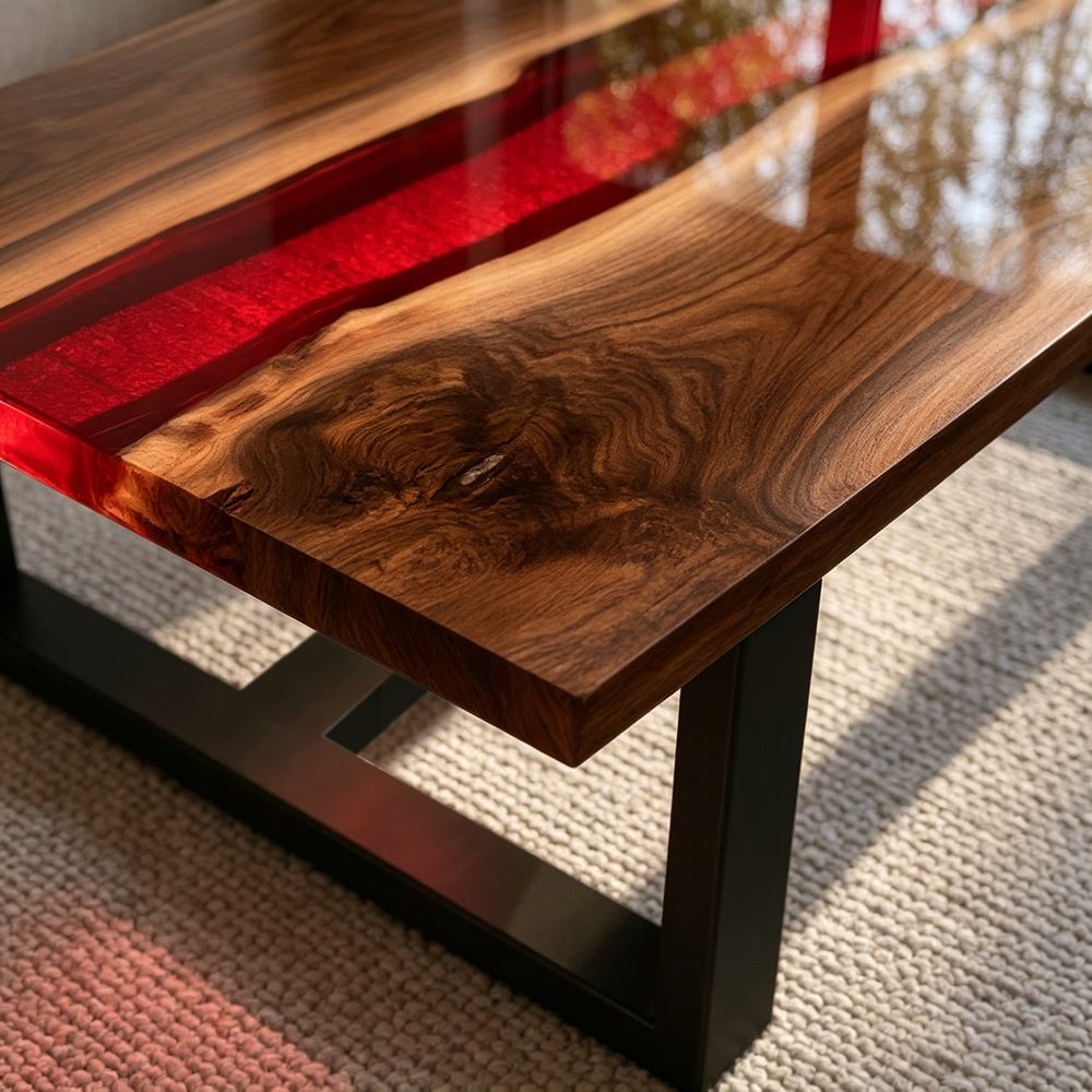 Designer center table combining premium walnut with jewel-like translucent resin for a gallery-inspired aesthetic