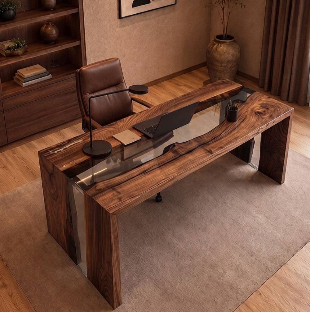 Glassline black walnut clear epoxy executive desk with transparent resin and waterfall wood sides in a refined private office