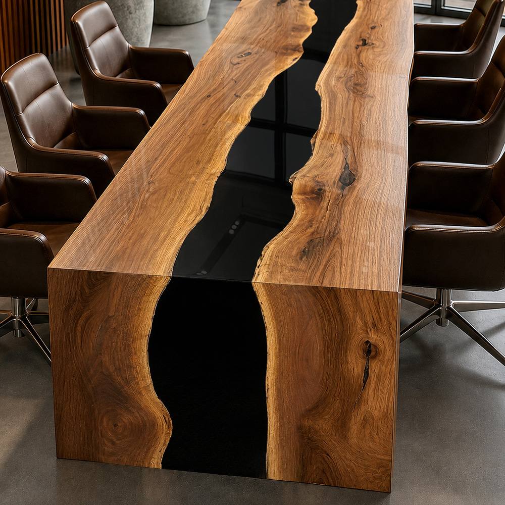 Close-up shot showing the reflective surface of a glossy black epoxy resin river flowing through high-character golden-brown black walnut wood grains