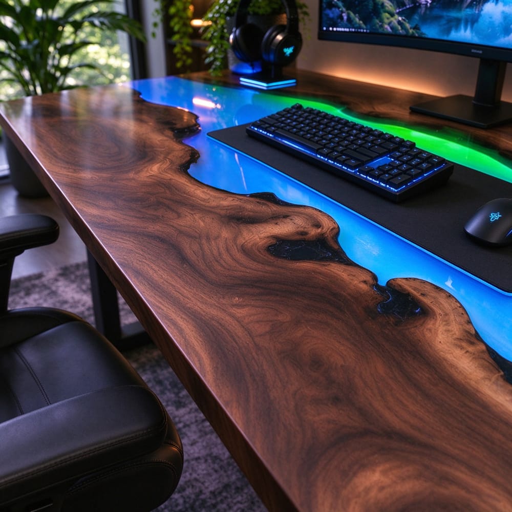 High-gloss blue-green epoxy gaming desk surface with vivid resin colors, reflective highlights, and beautifully detailed walnut grain.
