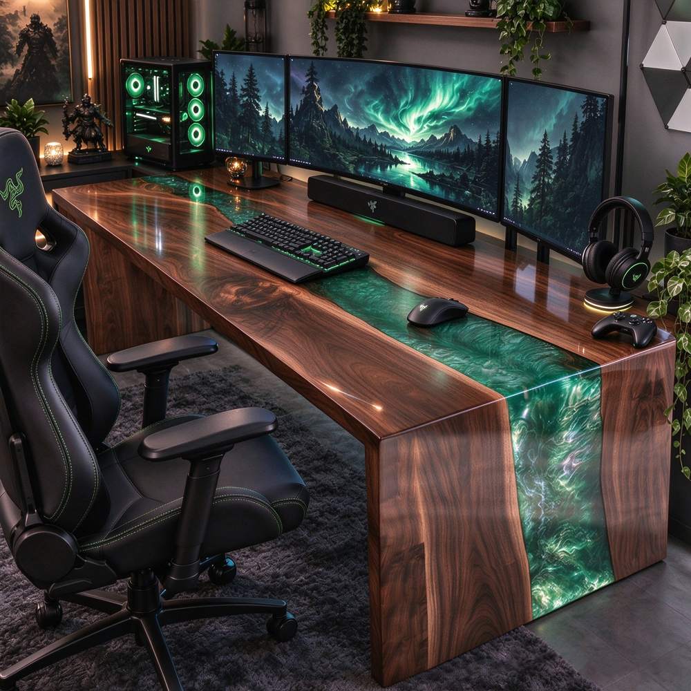 Glossy green swirl resin waterfall leg gaming desk with solid black walnut live edge, premium RGB PC setup, triple monitors, and gaming chair