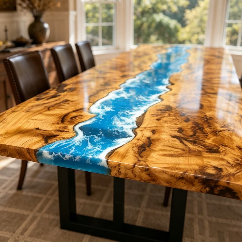 Coastal style poplar epoxy river dining table with blue water resin for warm home interiors