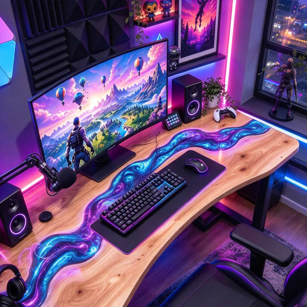Glossy ash wood gaming desk tabletop featuring a flowing purple and blue epoxy river with vibrant swirls and a smooth reflective finish.