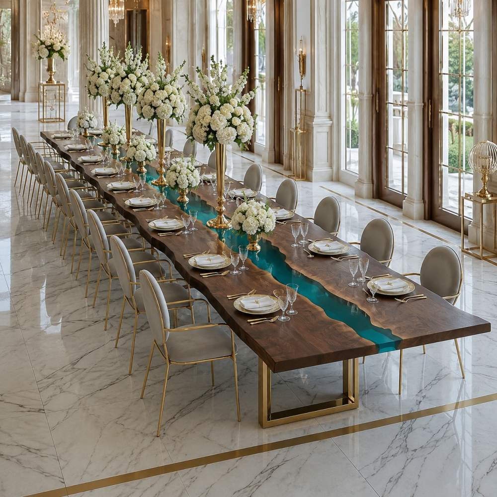 Wide interior shot of luxurious classical European ballroom with marble flooring, tall floor windows and extended live edge walnut teal epoxy river banquet table for formal gala events