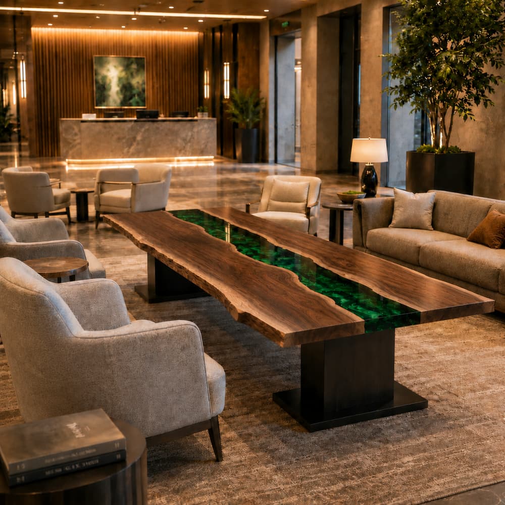 Grand hotel lobby walnut table featuring a stunning green swirl resin vein