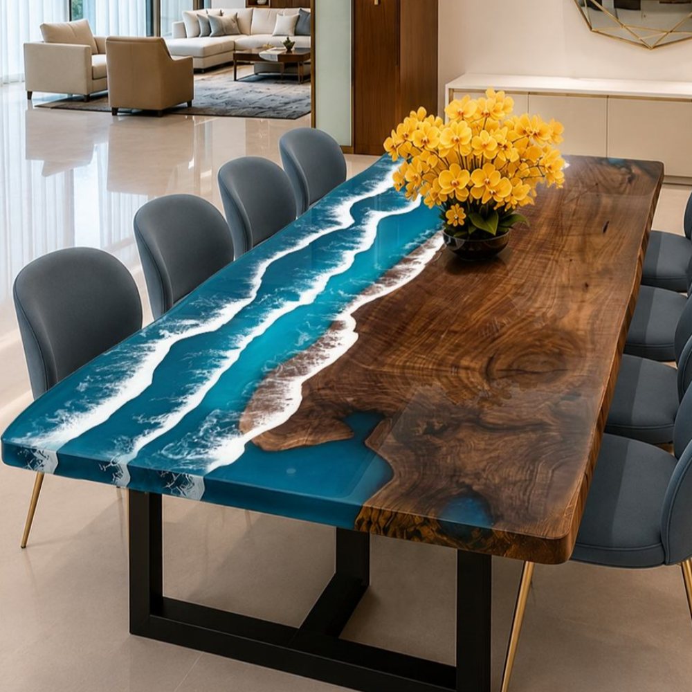 Grand hotel lobby walnut table featuring a stunning ocean wave resin