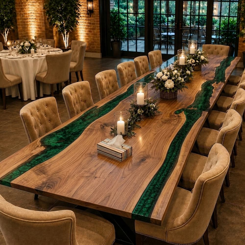 Large live edge black walnut dining table for gala events and banquets