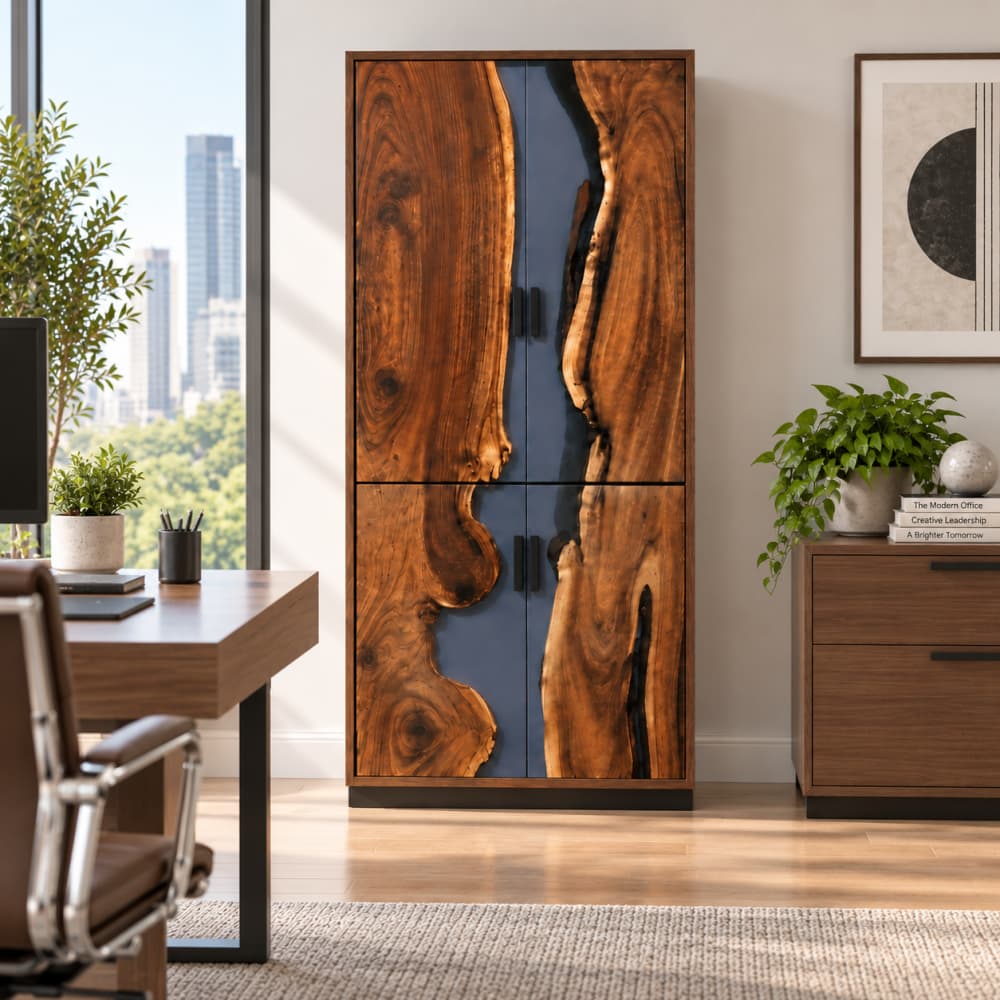 Gray epoxy and Black Walnut storage cabinet featuring a muted resin tone and natural live-edge wood details