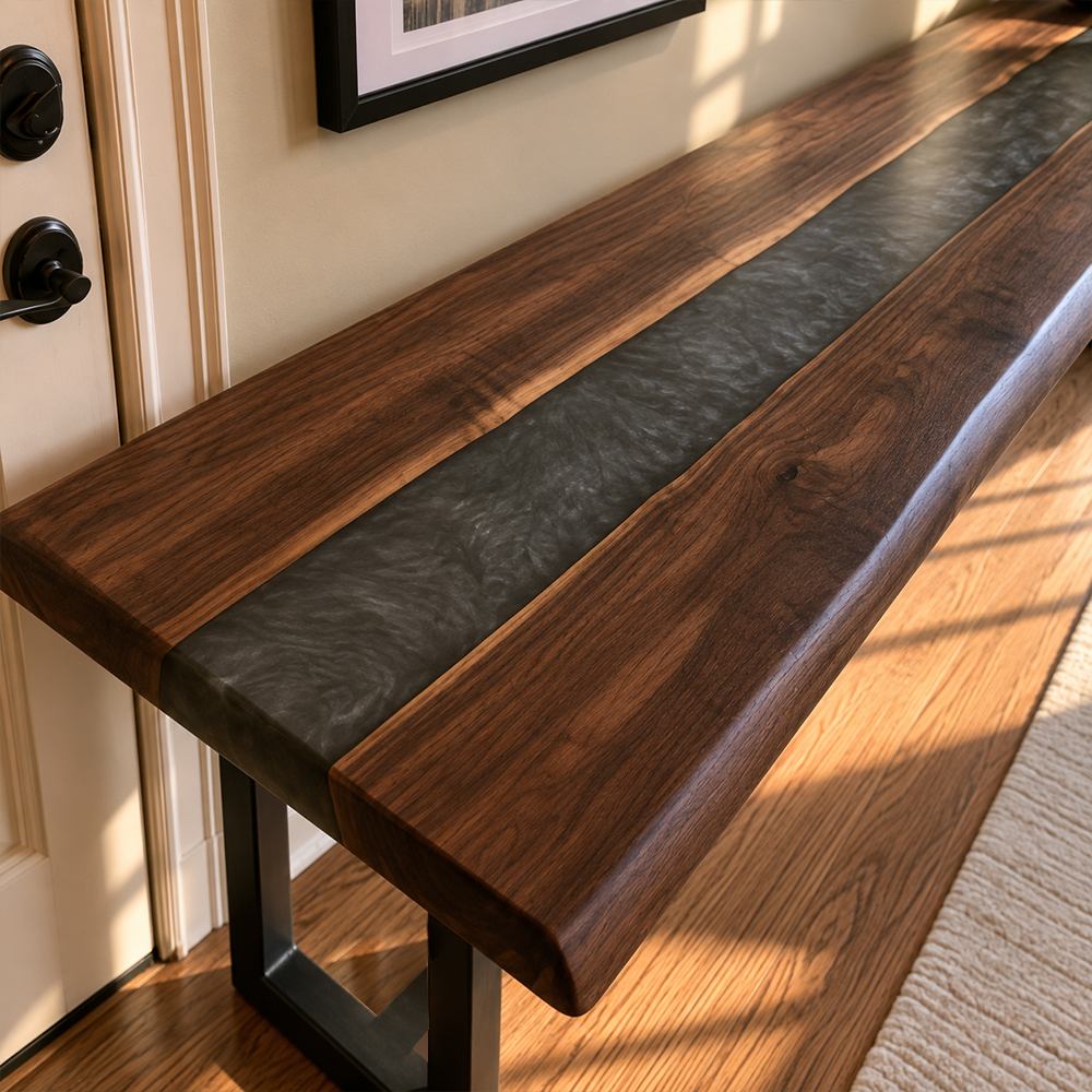Gray resin walnut hallway console with rich wood grain and a narrow rectangular top