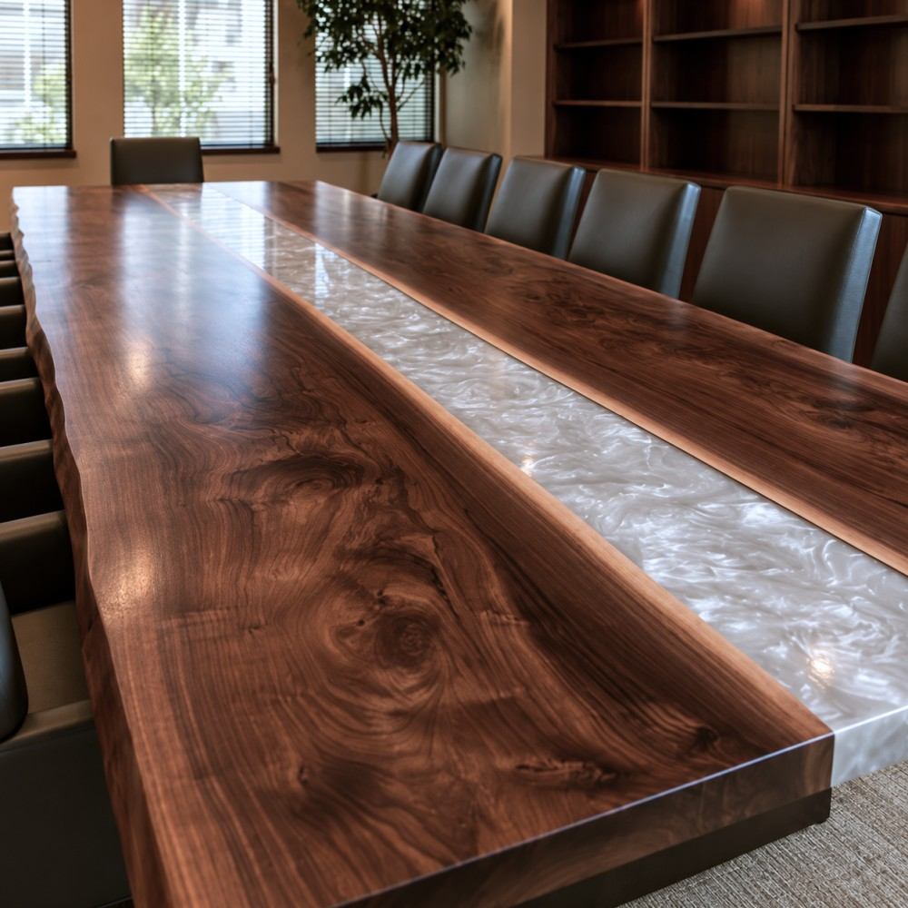 Gray swirl epoxy meeting room table framed by richly figured Black Walnut