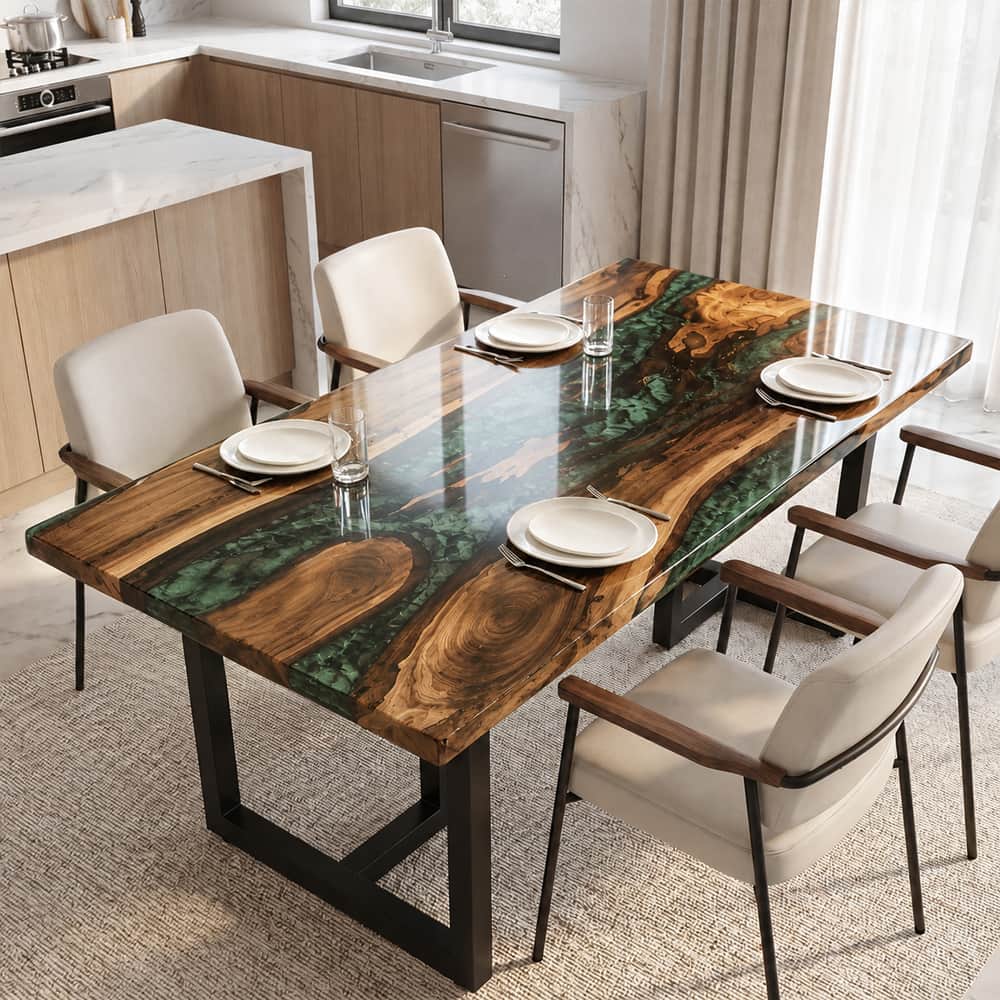 Custom walnut dining table with green epoxy river inspired by natural stone and waterways