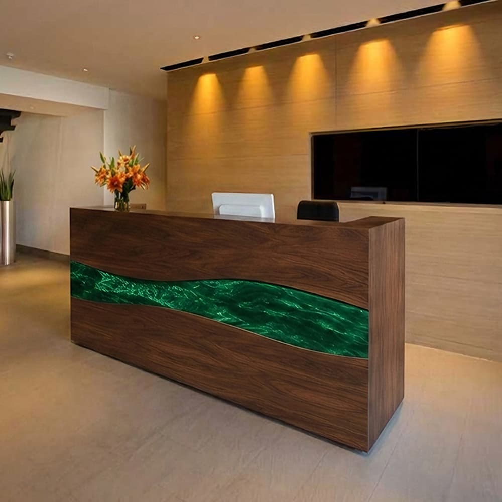 Custom green epoxy resin reception counter for hospitality and executive interiors