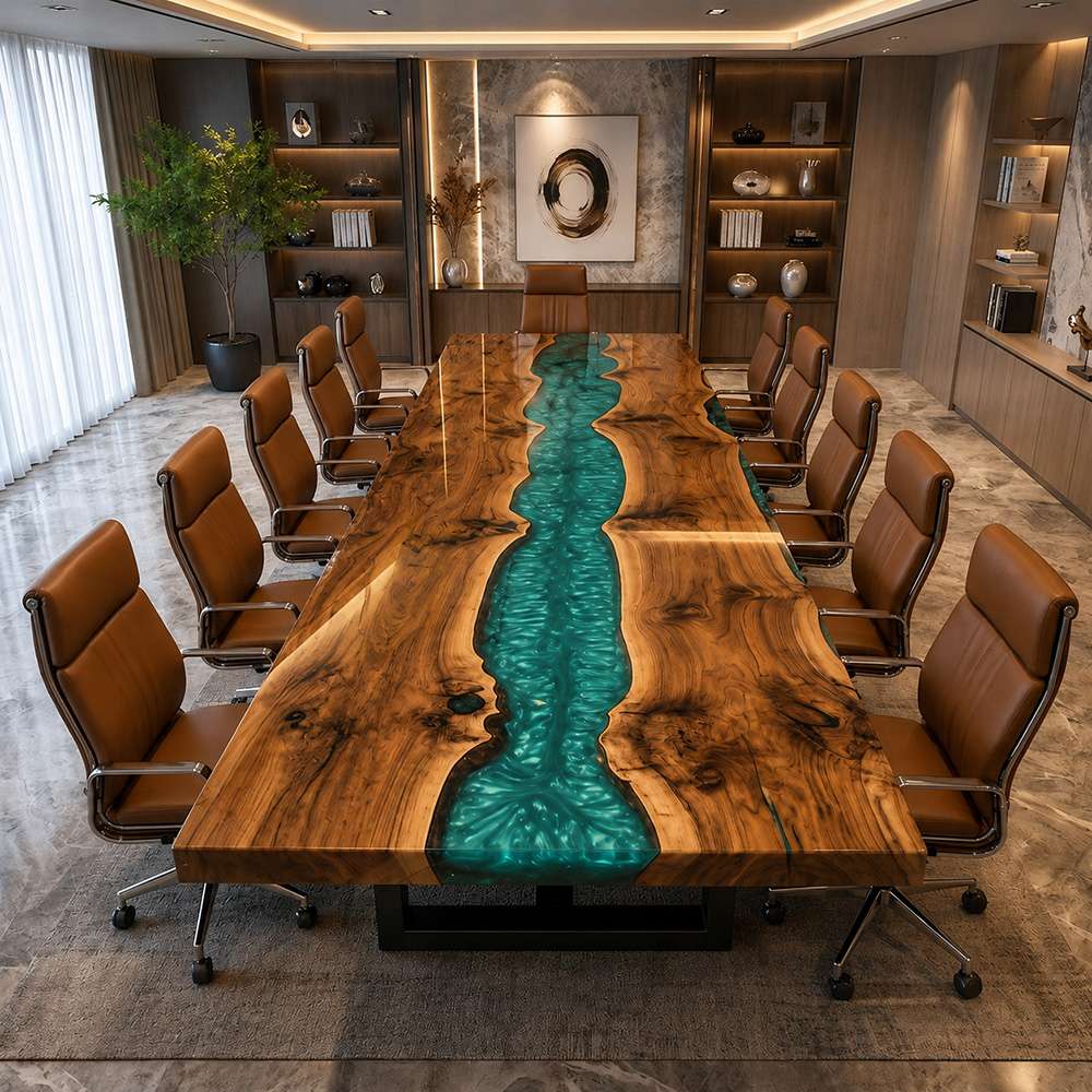 Custom conference table with green resin inlay and black walnut grain in a sophisticated executive office setting