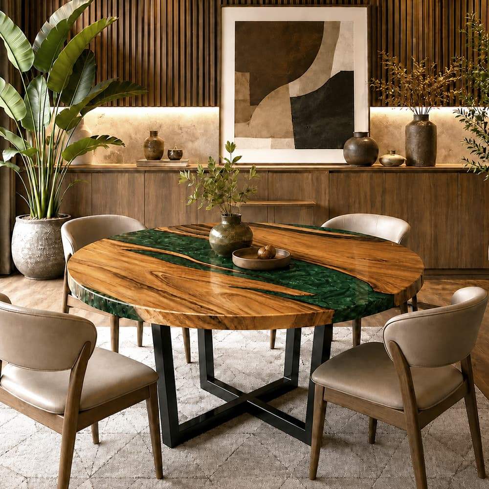 Bespoke round wood epoxy lounge table with natural grain and a smooth polished surface.