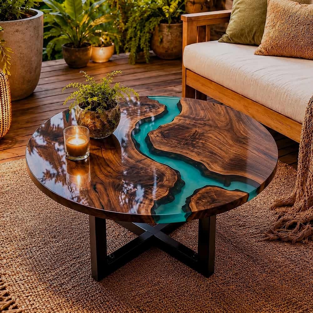 Handcrafted walnut lounge table featuring crystal green epoxy resin and natural wood formations